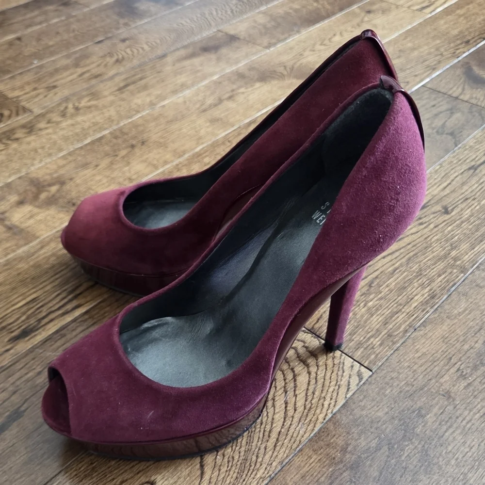 Stuart Weitzman Elegant Burgundy Peep-Toe Platform Heels Size 6 Made In Spain